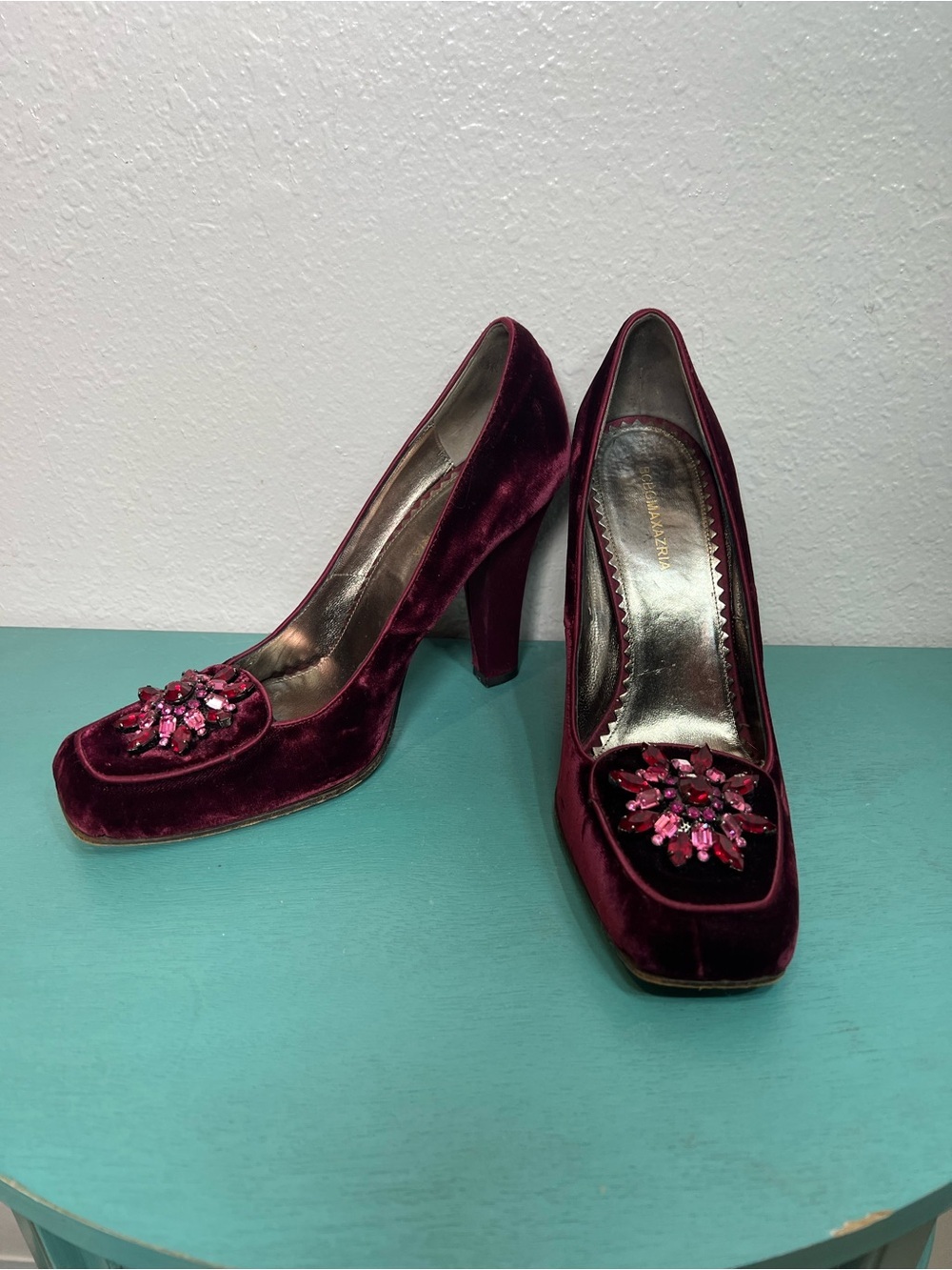 BCBG Max Azria Velvet Burgundy Jeweled Block Heel Pumps